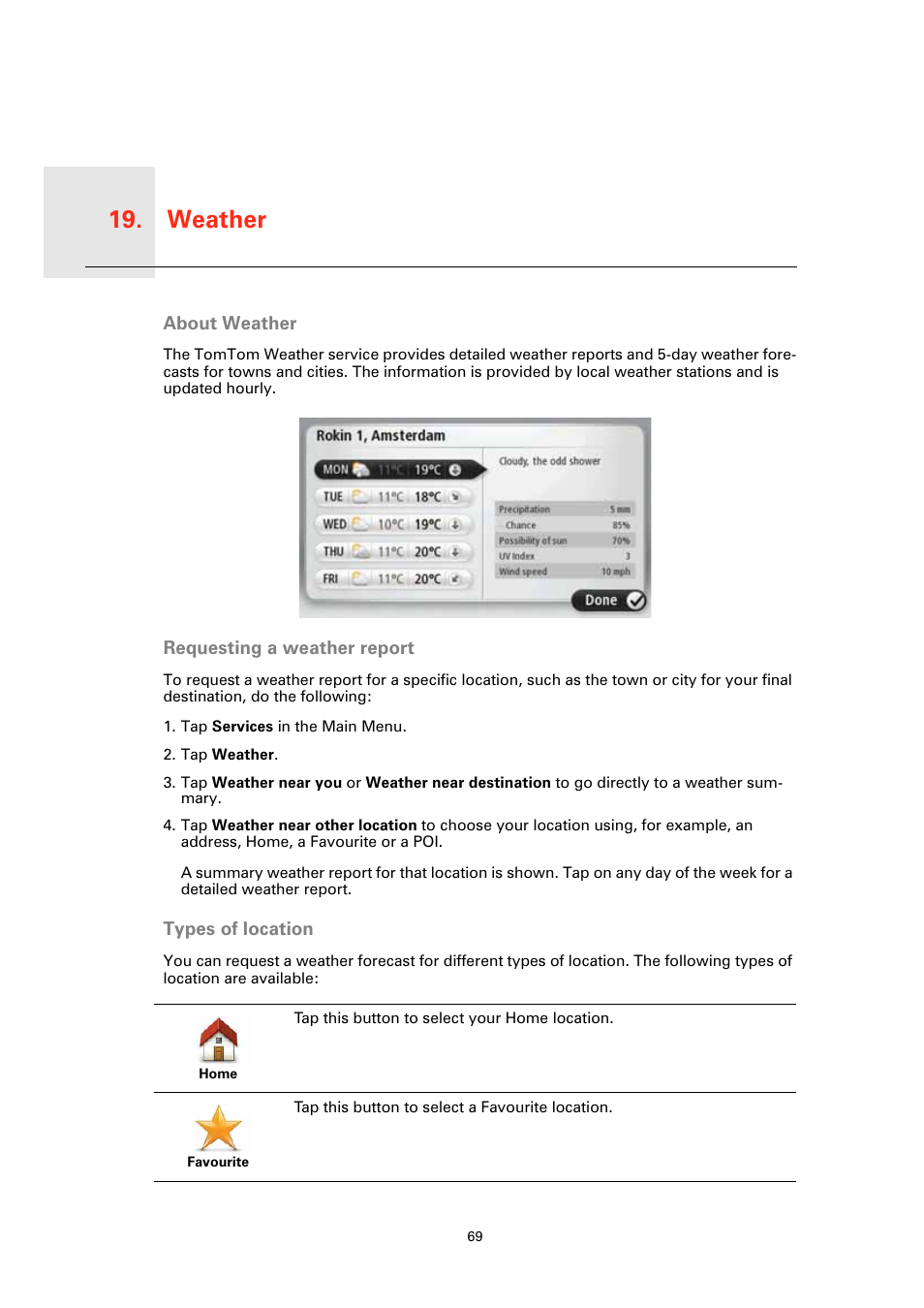 Weathe r, About weather, Requesting a weather report | Types of location, Weather 19 | TomTom GO User Manual | Page 69 / 86