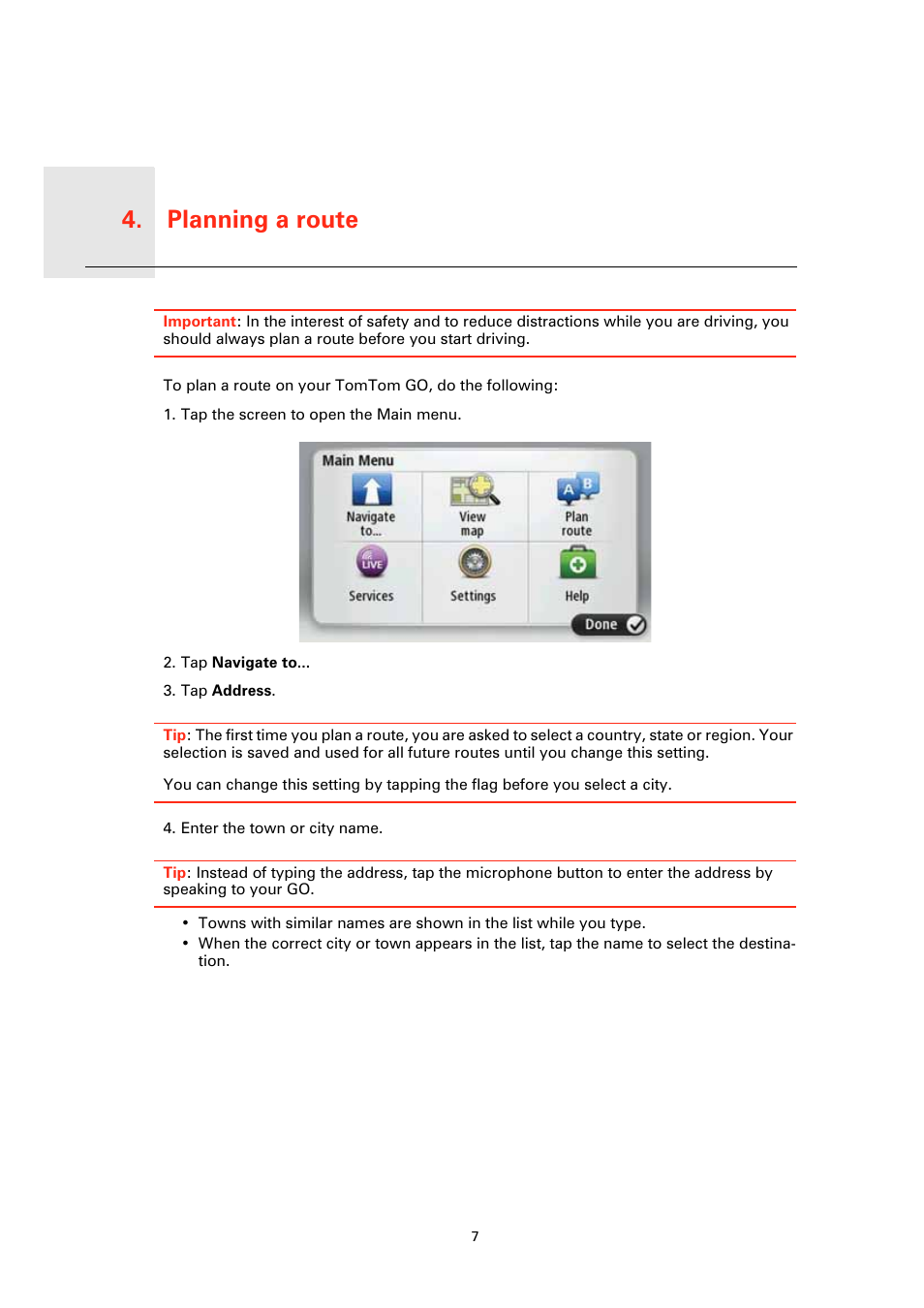 Planning a route, Planning a route 4 | TomTom GO User Manual | Page 7 / 86