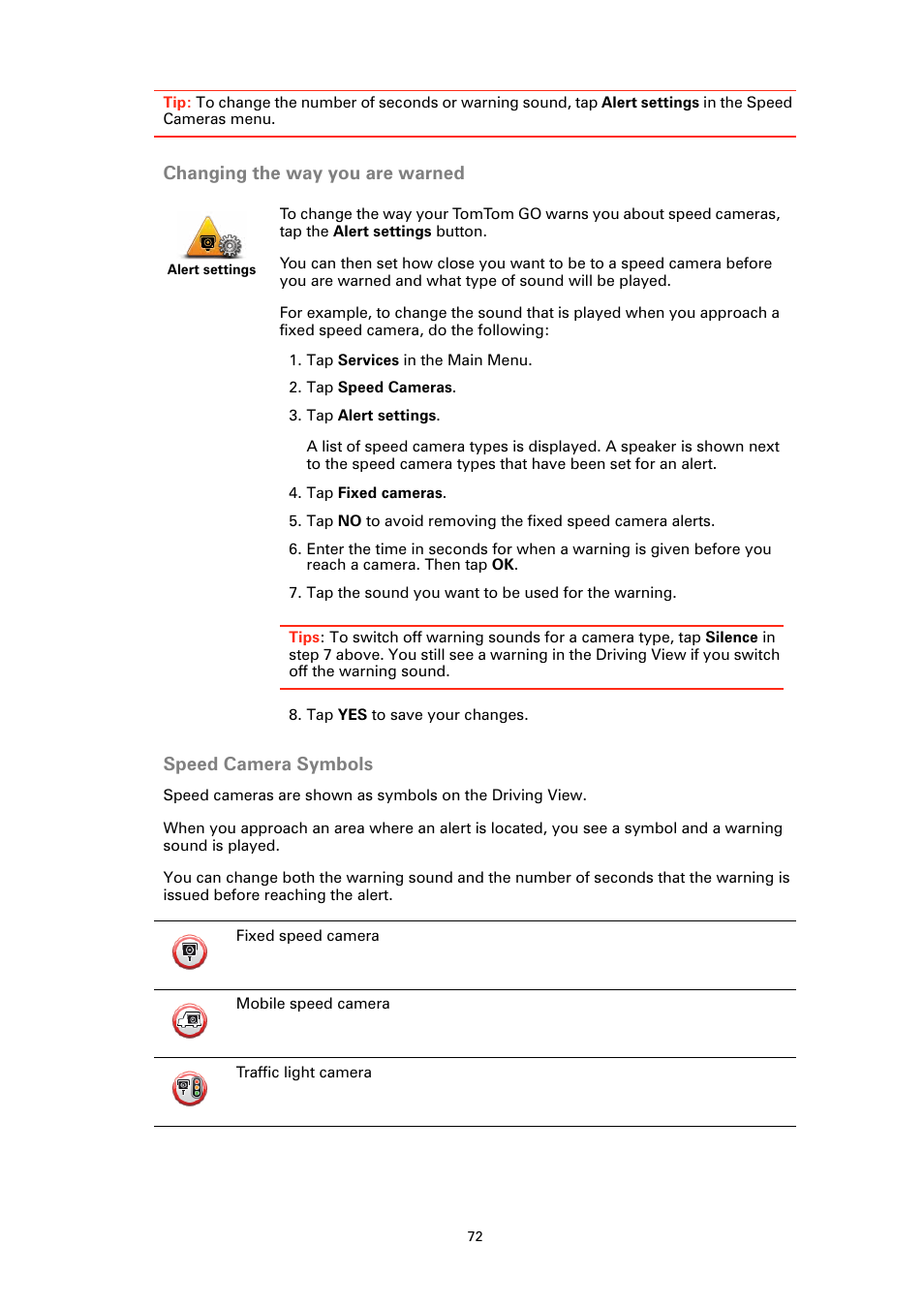 Changing the way you are warned, Speed camera symbols | TomTom GO User Manual | Page 72 / 86