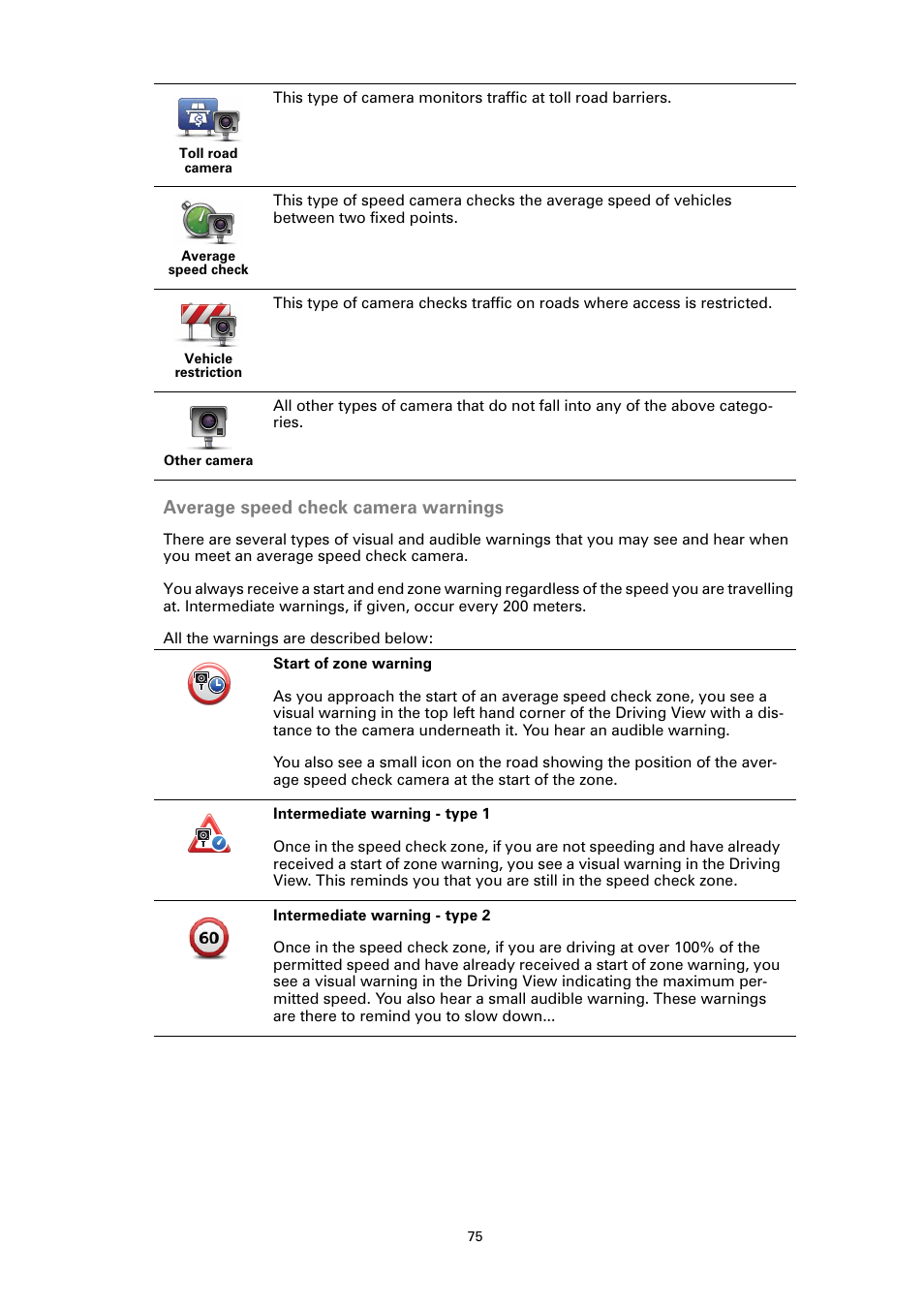 Average speed check camera warnings | TomTom GO User Manual | Page 75 / 86