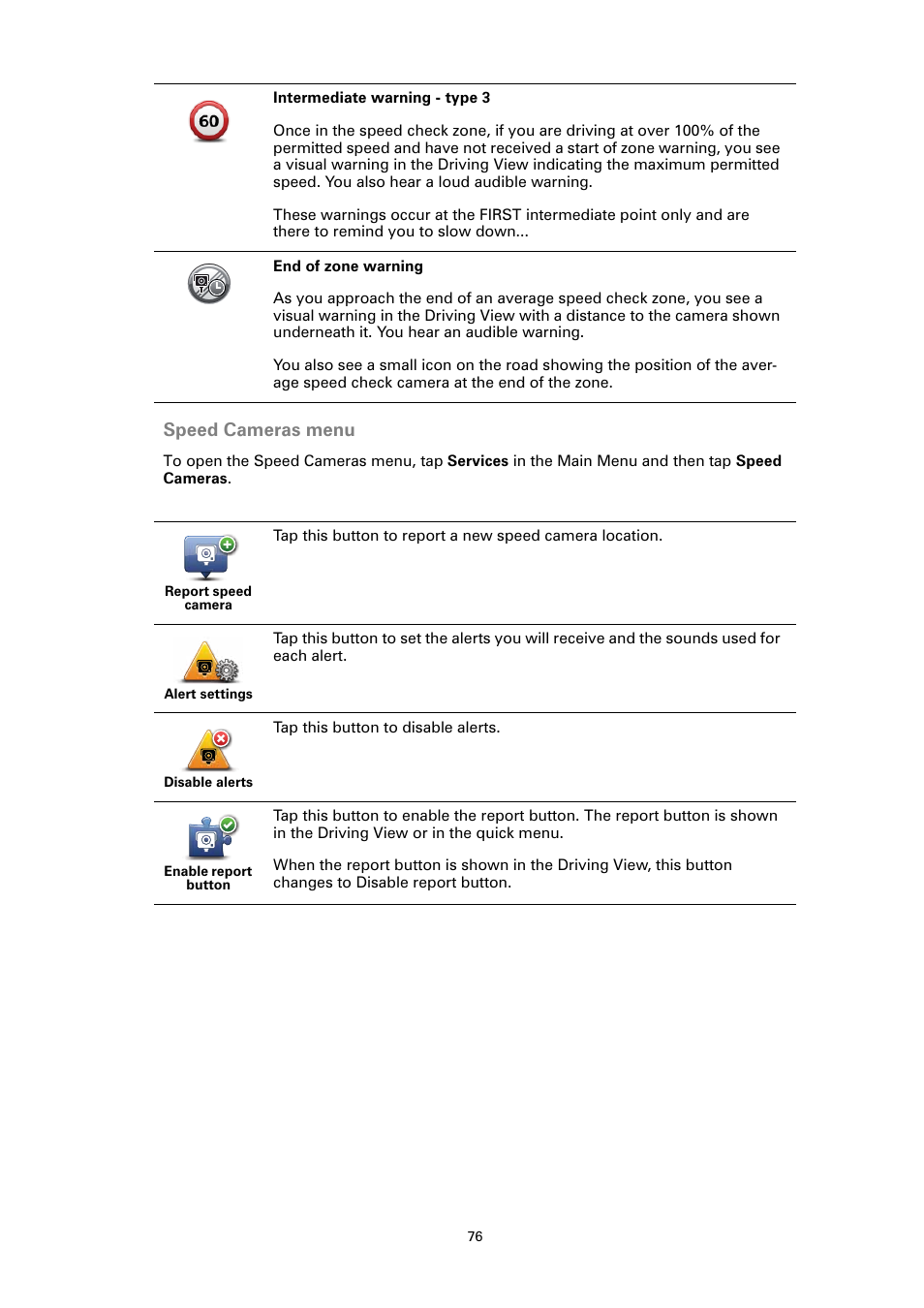 Speed cameras menu | TomTom GO User Manual | Page 76 / 86