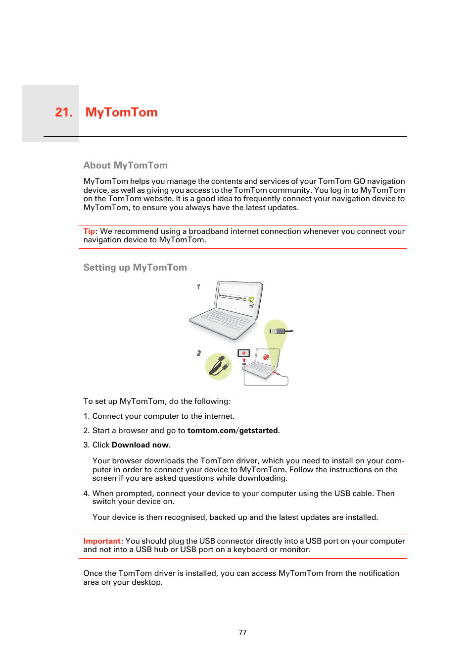 Myto mtom, About mytomtom, Setting up mytomtom | Mytomtom 21 | TomTom GO User Manual | Page 77 / 86