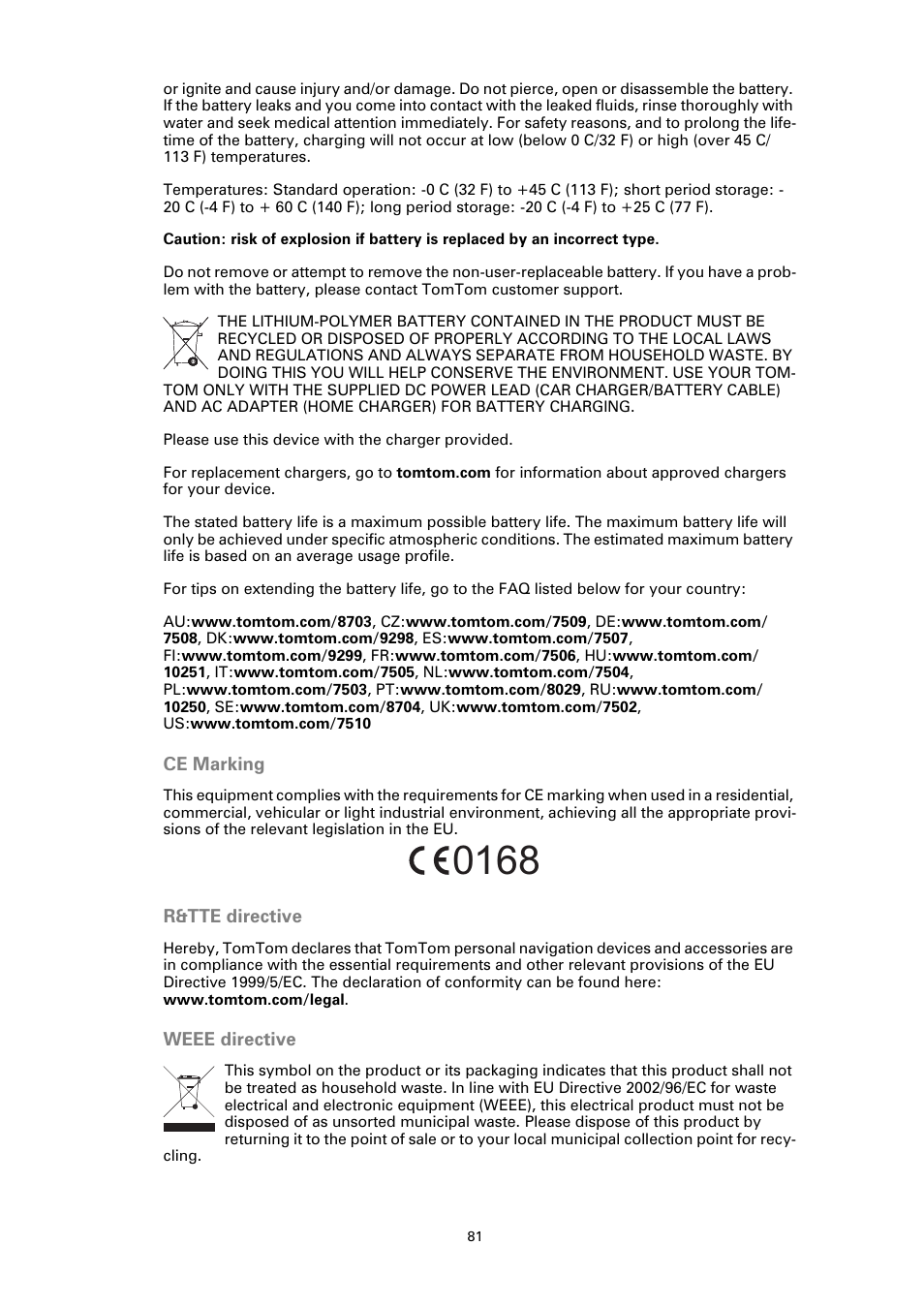 Ce marking, R&tte directive, Weee directive | TomTom GO User Manual | Page 81 / 86