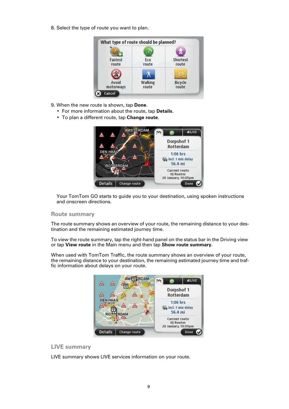Route summary, Live summary | TomTom GO User Manual | Page 9 / 86