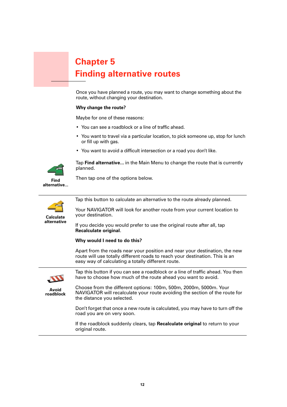 Finding alternative routes, Chapter 5 finding alternative routes | TomTom NAVIGATOR User Manual | Page 12 / 46