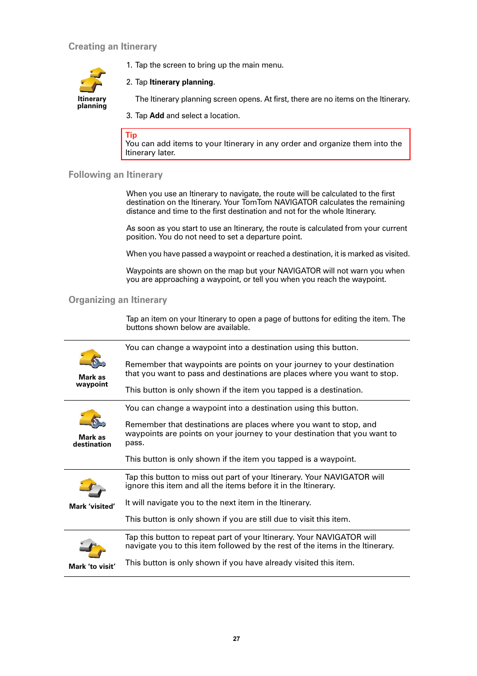 Creating an itinerary, Following an itinerary, Organizing an itinerary | TomTom NAVIGATOR User Manual | Page 27 / 46