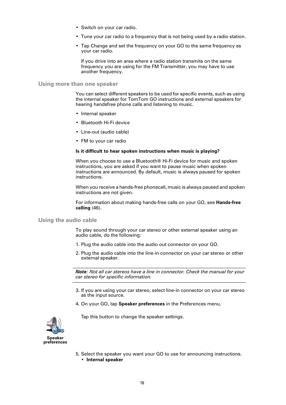 Using more than one speaker, Using the audio cable | TomTom GO GPS User Manual | Page 18 / 97