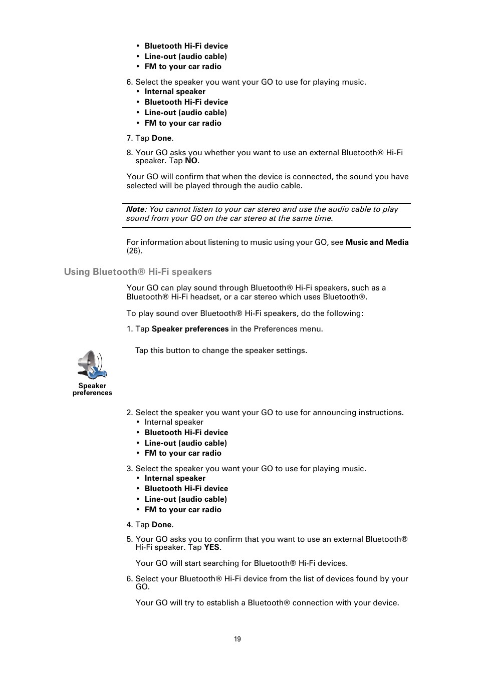 Using bluetooth® hi-fi speakers | TomTom GO GPS User Manual | Page 19 / 97