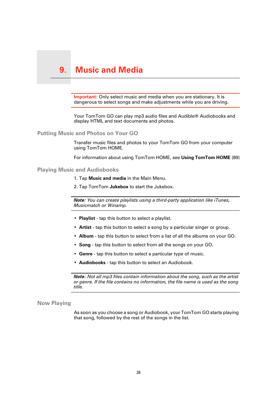 Music and media, Putting music and photos on your go, Playing music and audiobooks | Now playing, Music and media 9 | TomTom GO GPS User Manual | Page 26 / 97