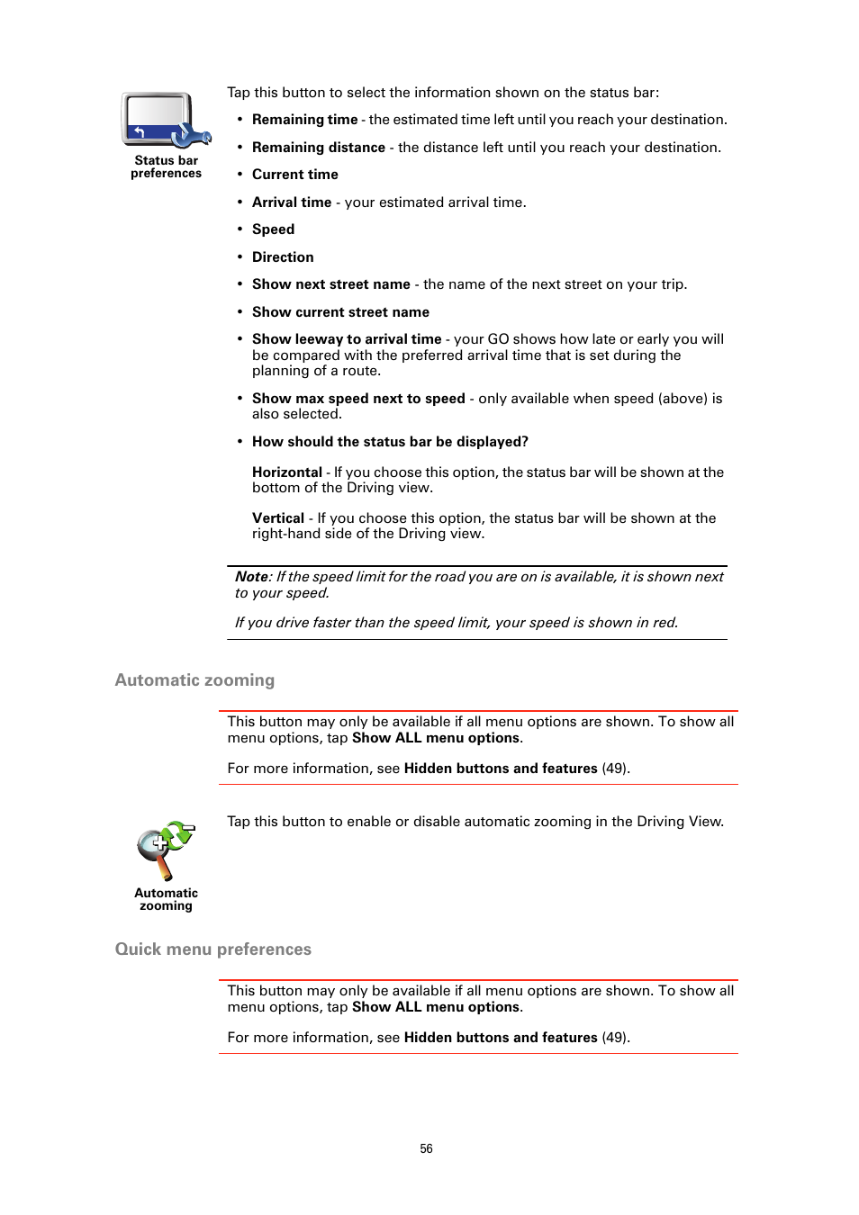 Automatic zooming, Quick menu preferences | TomTom GO GPS User Manual | Page 56 / 97