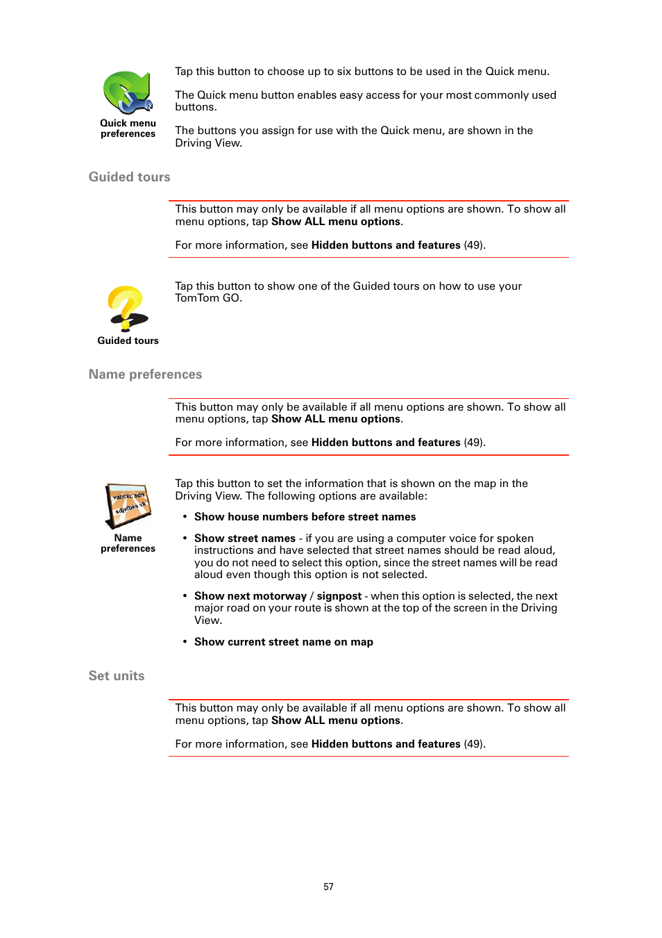 Guided tours, Name preferences, Set units | TomTom GO GPS User Manual | Page 57 / 97