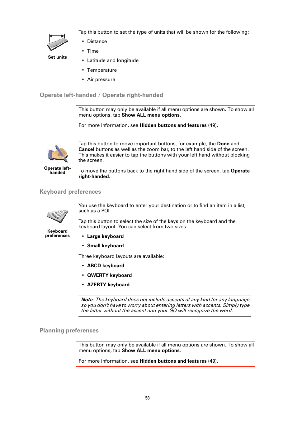 Operate left-handed / operate right-handed, Keyboard preferences, Planning preferences | Keyboard preferences planning preferences | TomTom GO GPS User Manual | Page 58 / 97