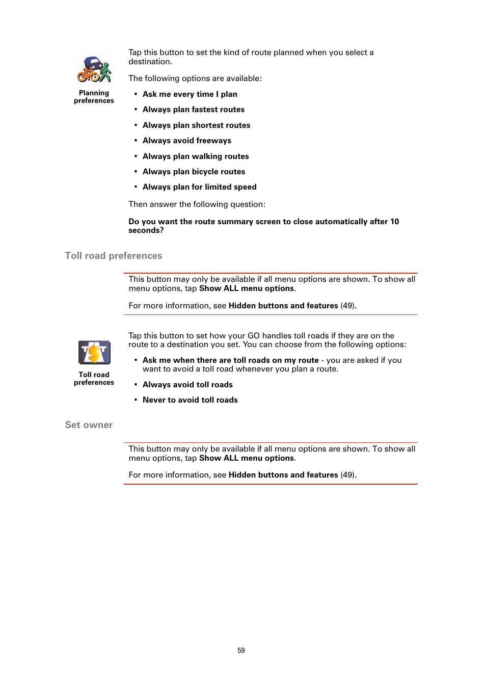 Toll road preferences, Set owner | TomTom GO GPS User Manual | Page 59 / 97