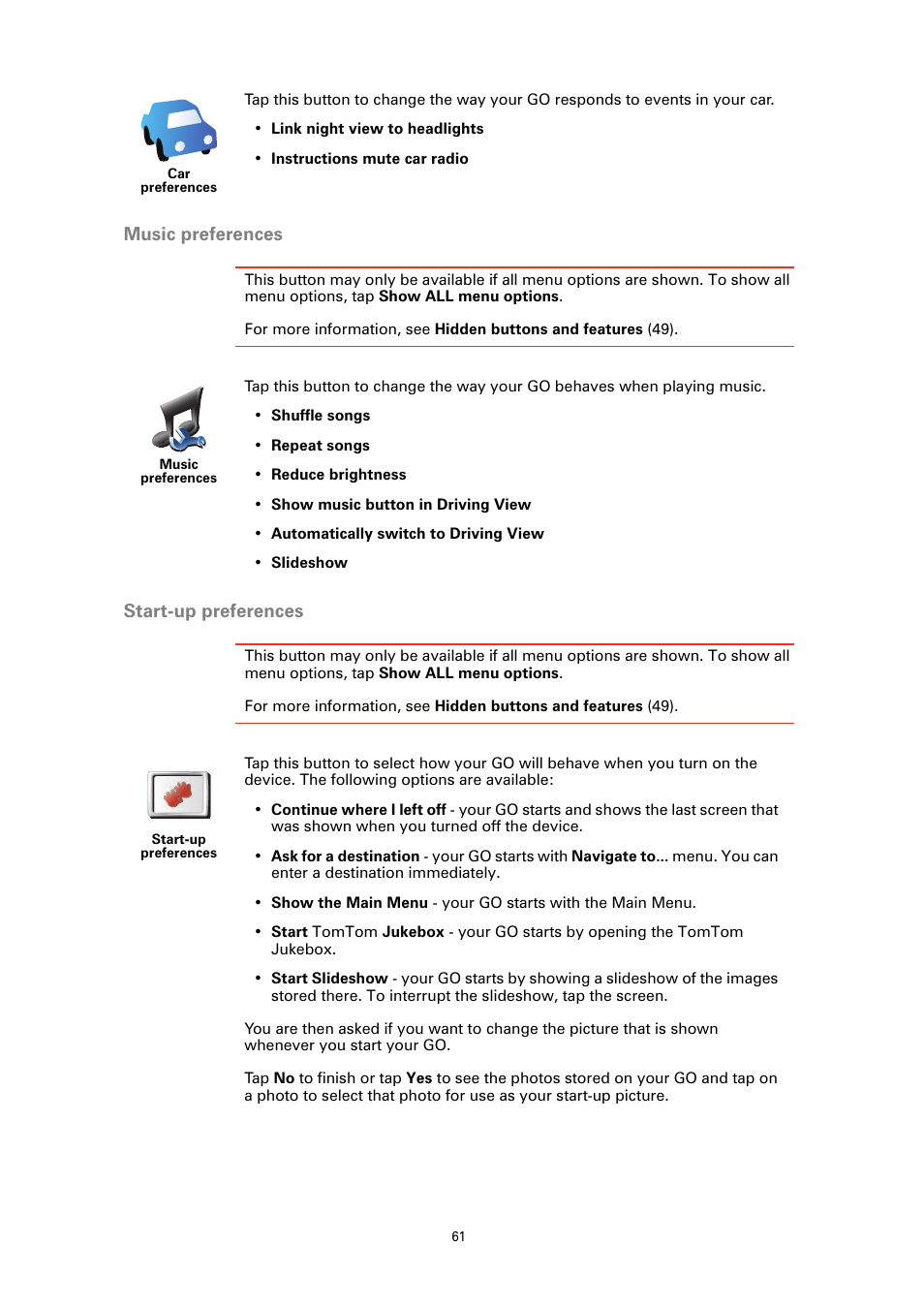 Music preferences, Start-up preferences | TomTom GO GPS User Manual | Page 61 / 97