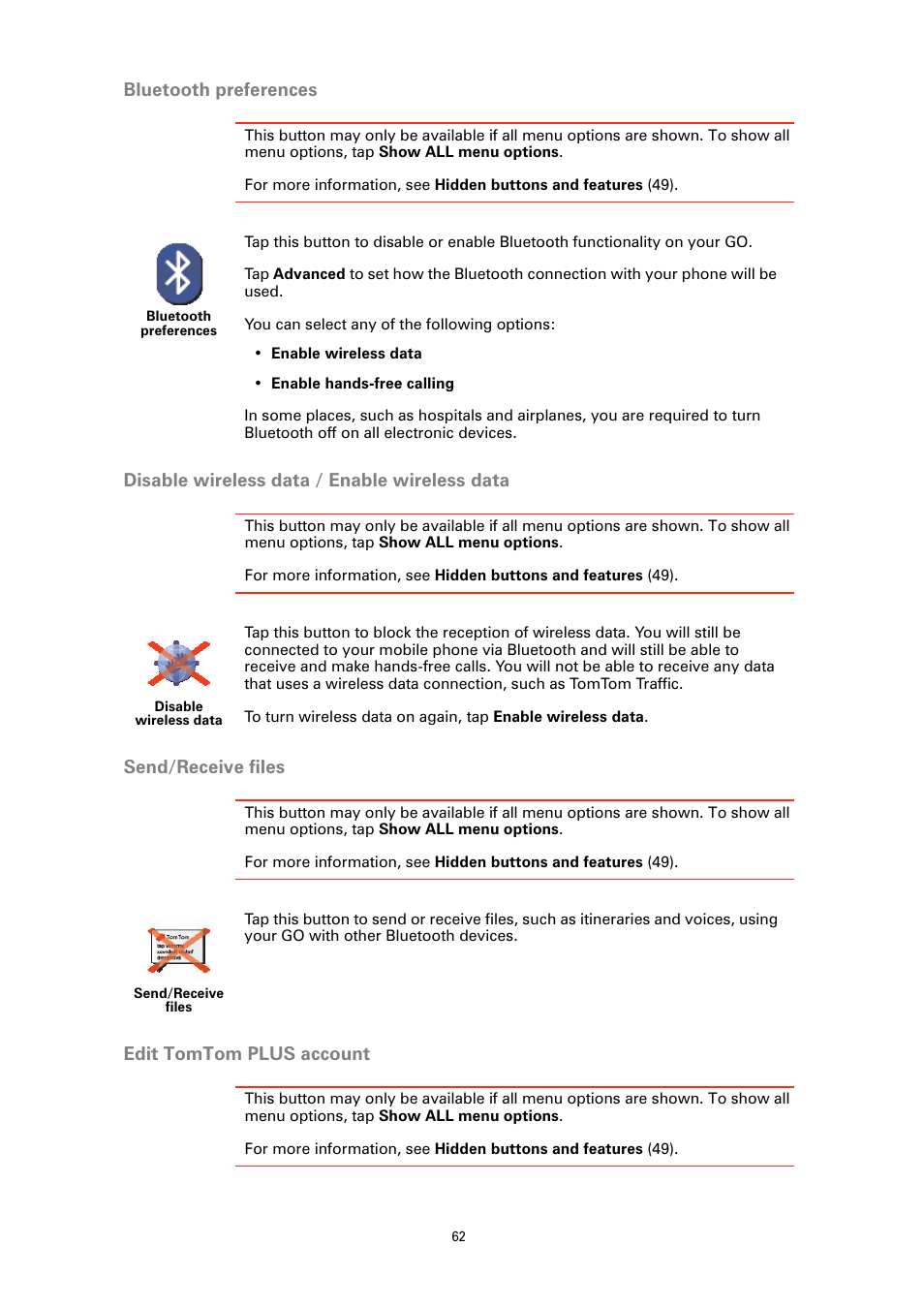 Bluetooth preferences, Disable wireless data / enable wireless data, Send/receive files | Edit tomtom plus account | TomTom GO GPS User Manual | Page 62 / 97