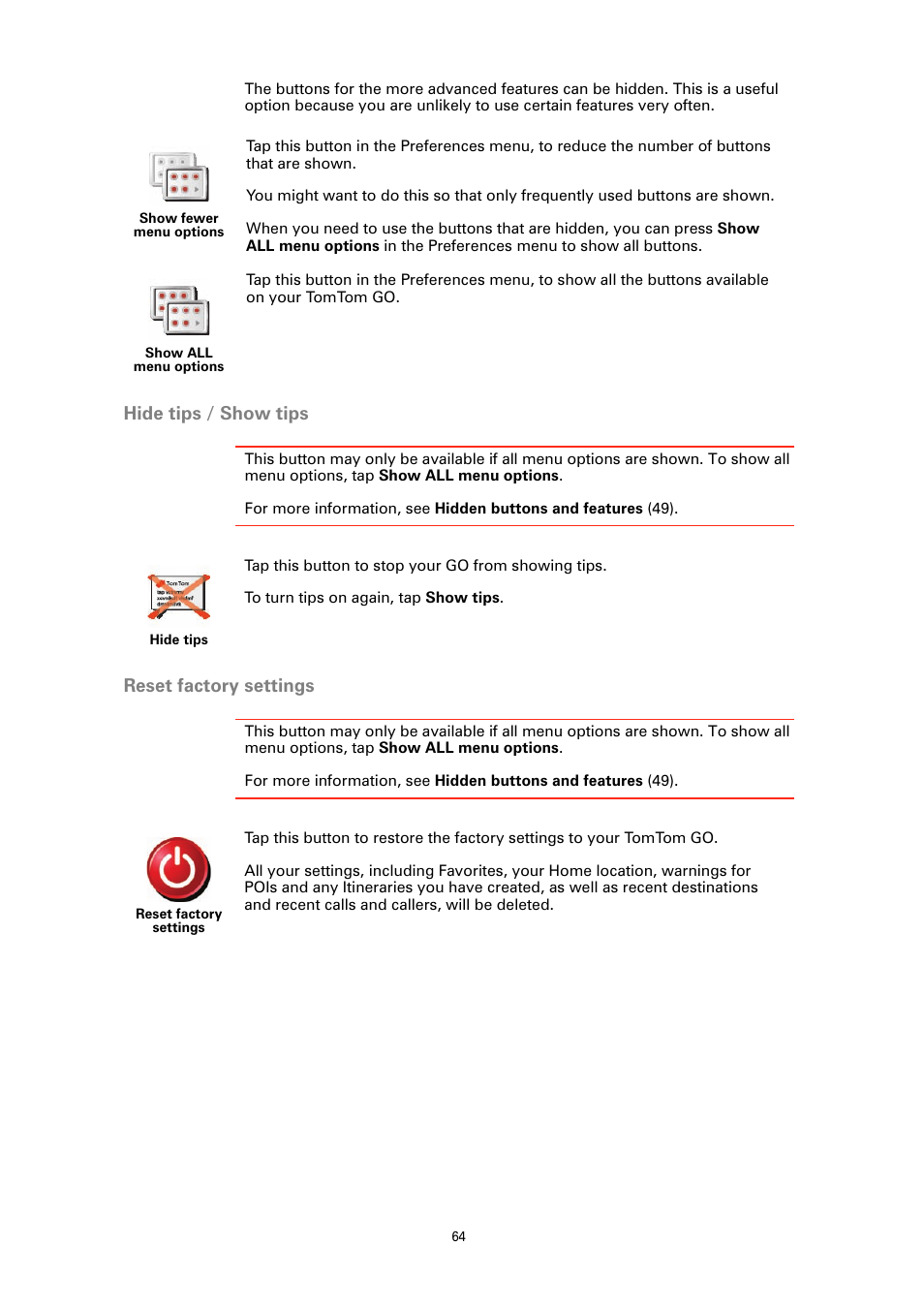 Hide tips / show tips, Reset factory settings | TomTom GO GPS User Manual | Page 64 / 97