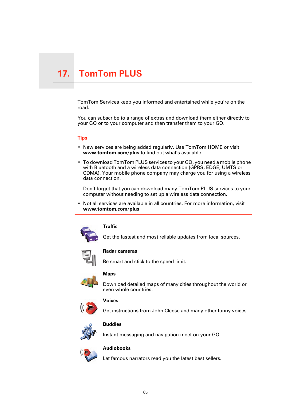 Tomtom plus, Ee tomtom plus (65), Tomtom plus 17 | TomTom GO GPS User Manual | Page 65 / 97