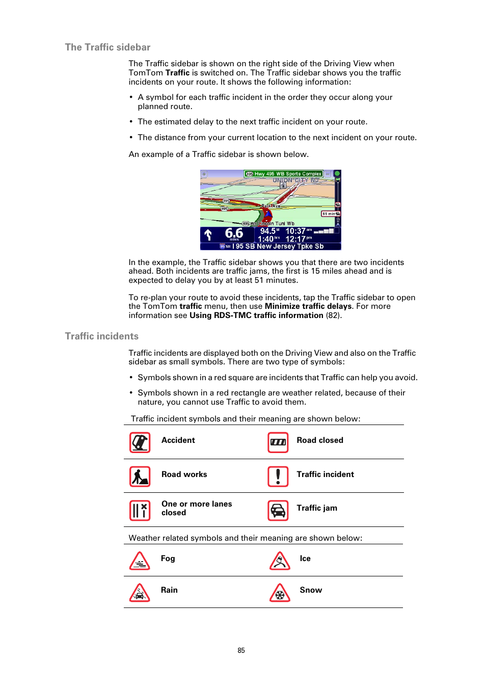 The traffic sidebar, Traffic incidents | TomTom GO GPS User Manual | Page 85 / 97