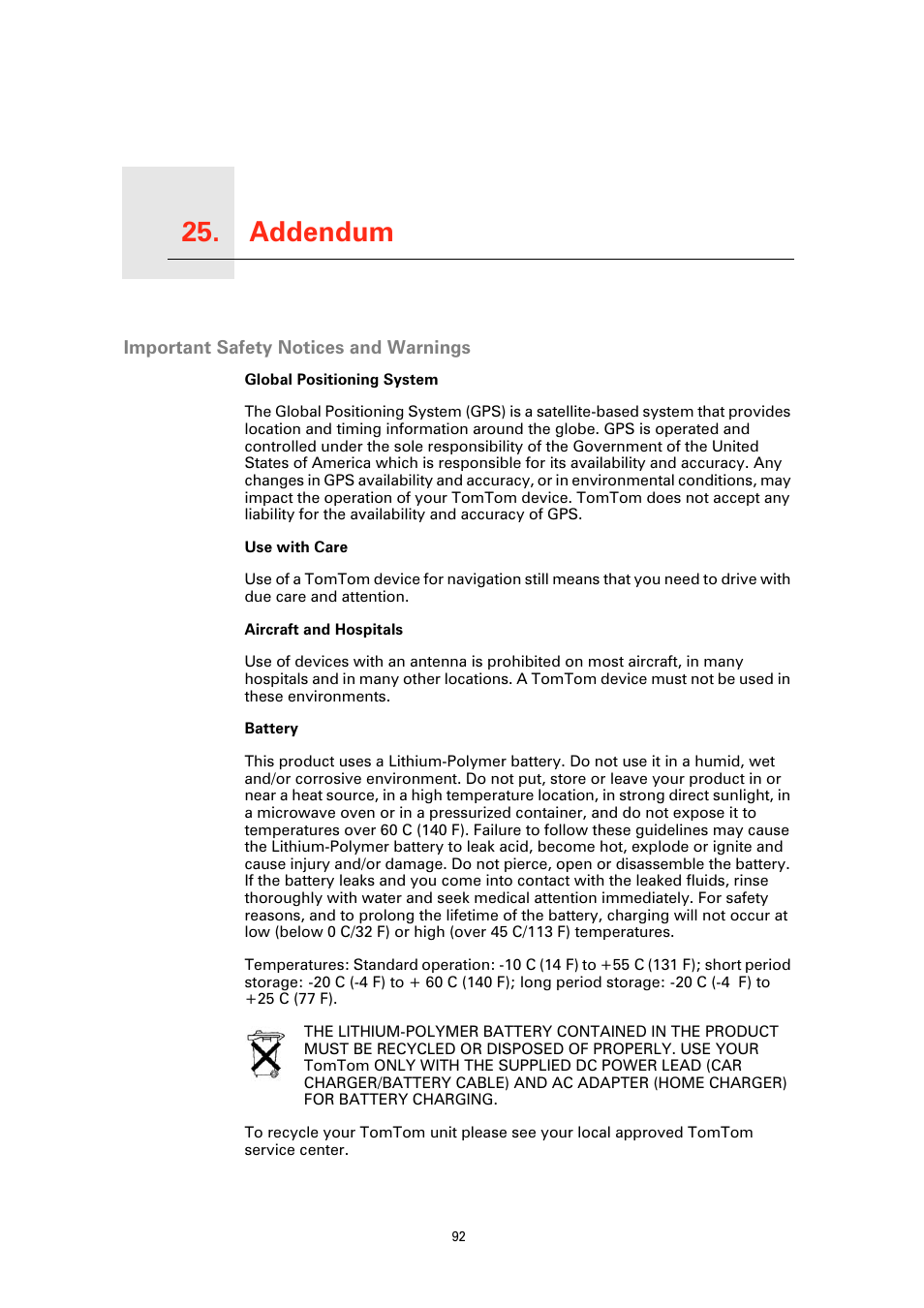 Addendum, Important safety notices and warnings, Global positioning system | Use with care, Aircraft and hospitals, Battery, Addendum 25 | TomTom GO GPS User Manual | Page 92 / 97