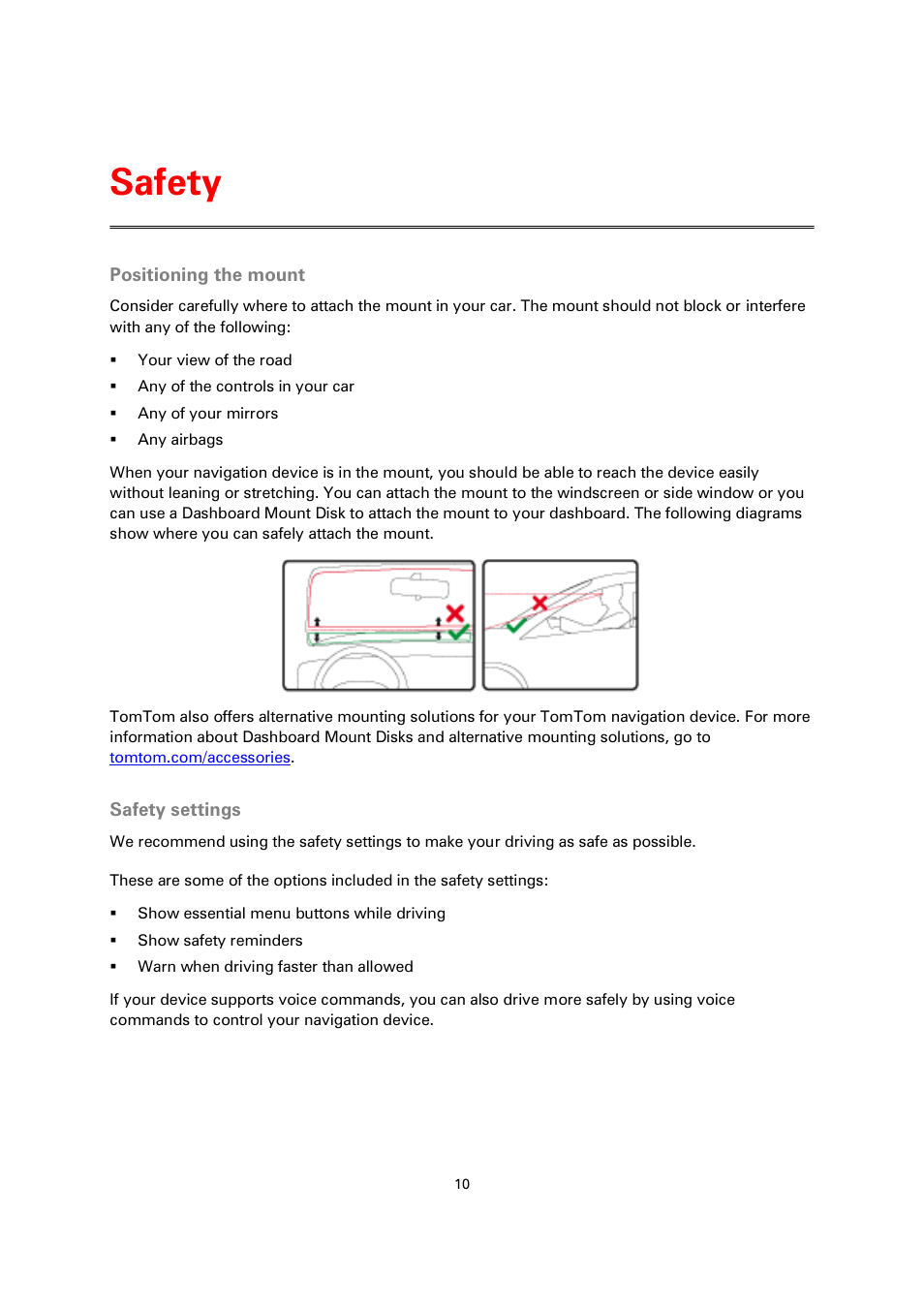 Safety, Positioning the mount, Safety settings | TomTom 4EN42 User Manual | Page 10 / 77