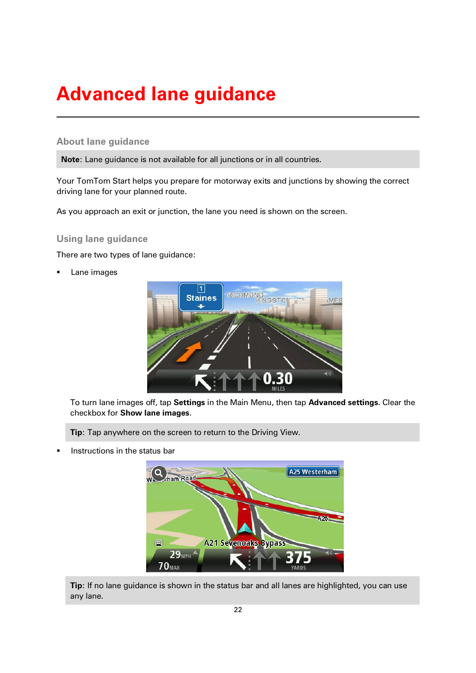 Advanced lane guidance, About lane guidance, Using lane guidance | TomTom 4EN42 User Manual | Page 22 / 77