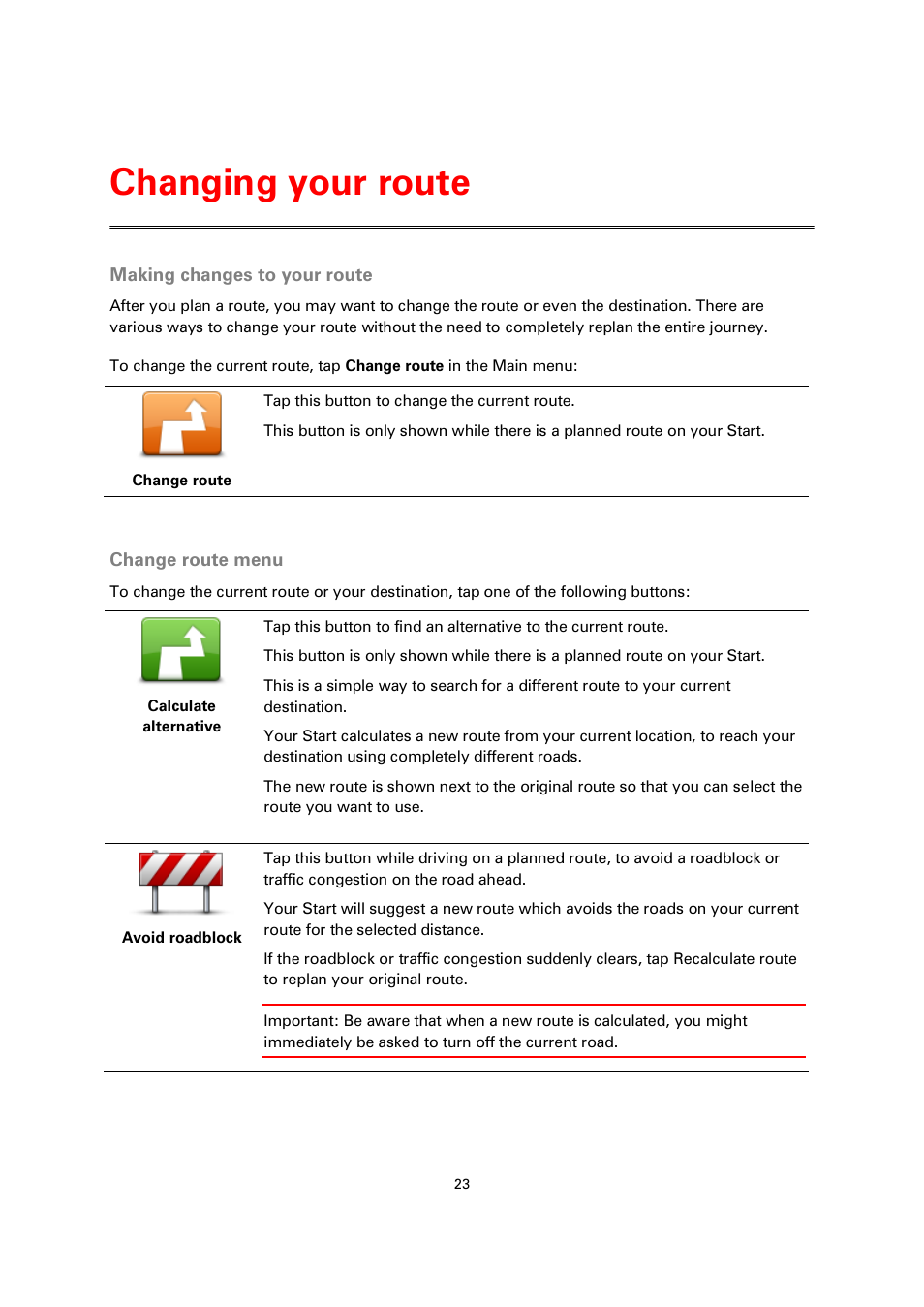 Changing your route, Making changes to your route, Change route menu | TomTom 4EN42 User Manual | Page 23 / 77