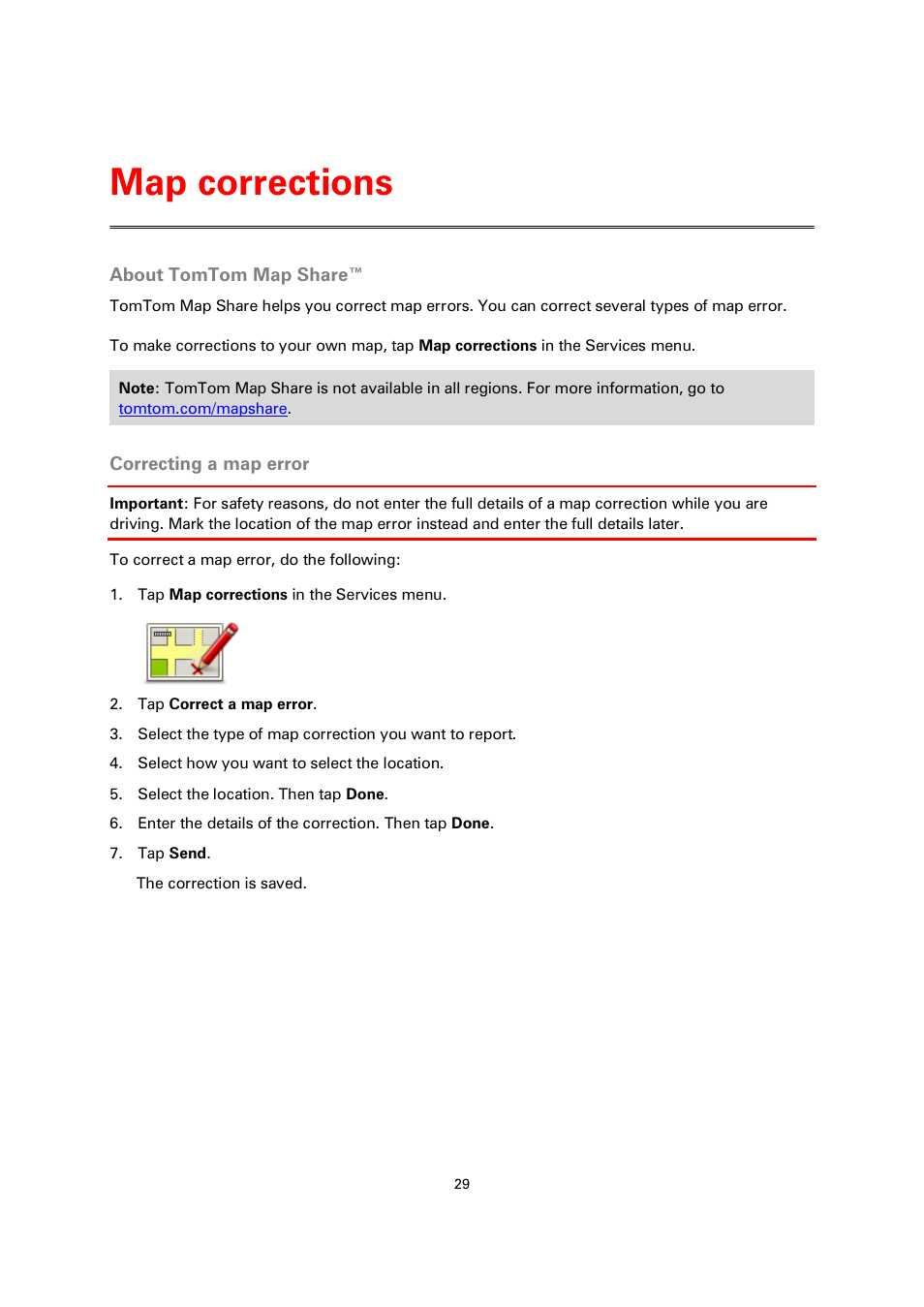 Map corrections, About tomtom map share, Correcting a map error | Types of map correction | TomTom 4EN42 User Manual | Page 29 / 77