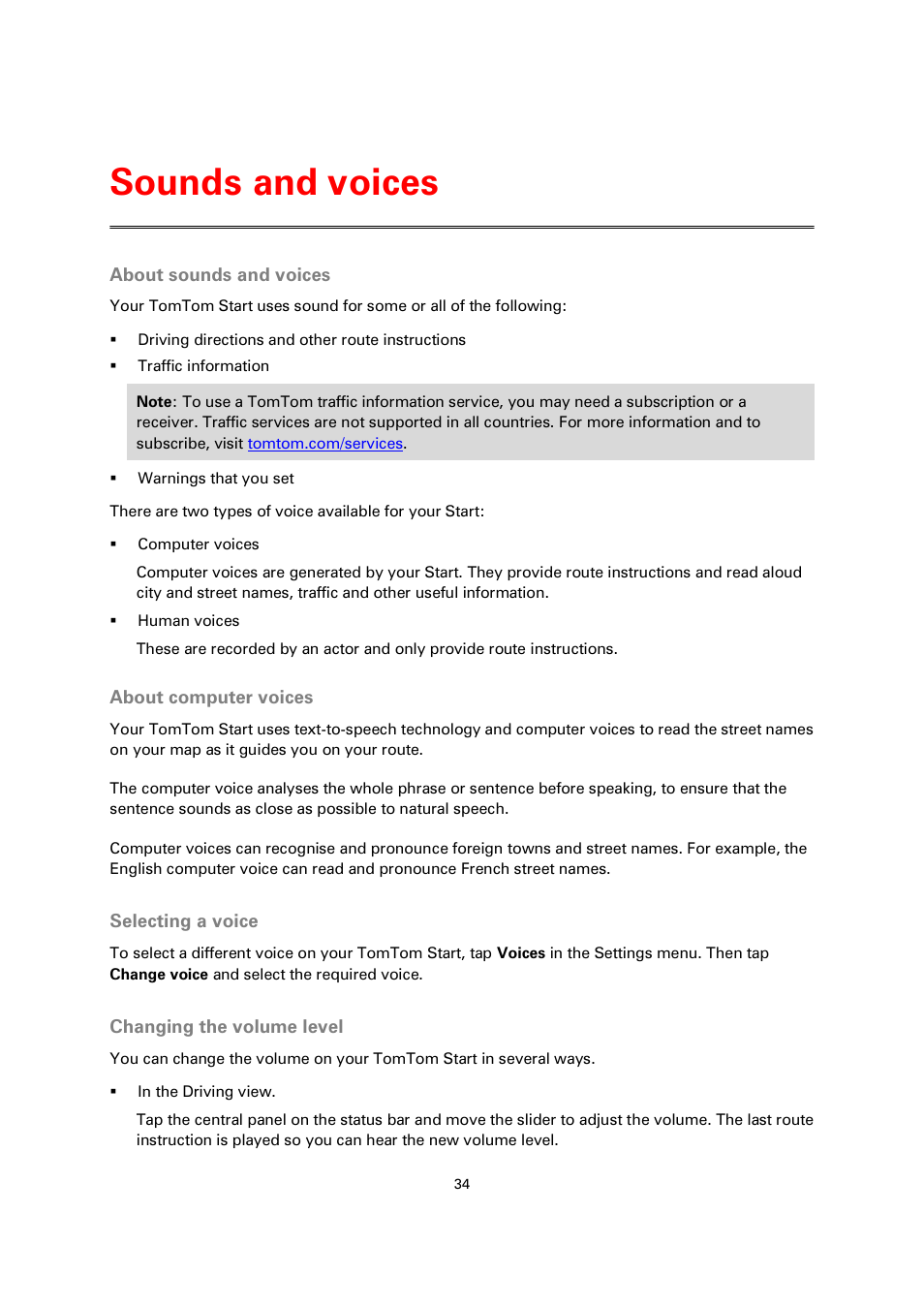 Sounds and voices, About sounds and voices, About computer voices | Selecting a voice, Changing the volume level | TomTom 4EN42 User Manual | Page 34 / 77