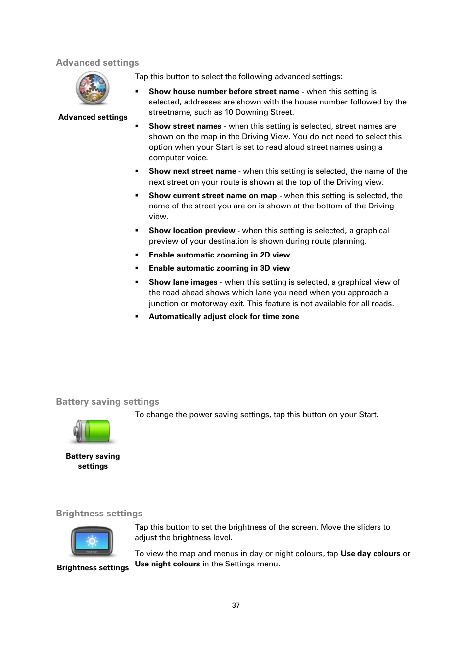 Advanced settings, Battery saving settings, Brightness settings | TomTom 4EN42 User Manual | Page 37 / 77