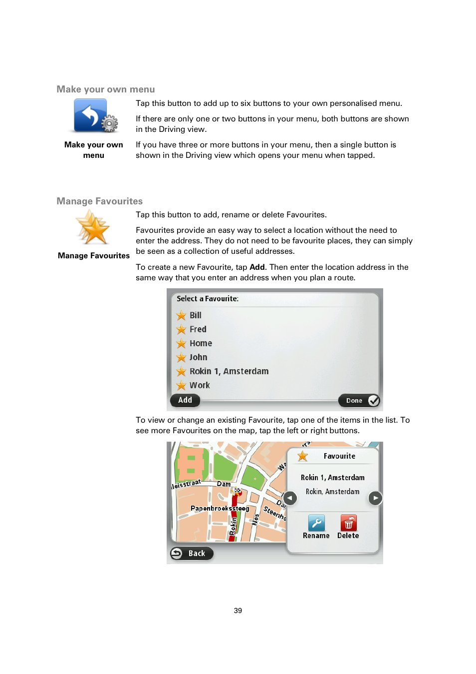 Make your own menu, Manage favourites | TomTom 4EN42 User Manual | Page 39 / 77