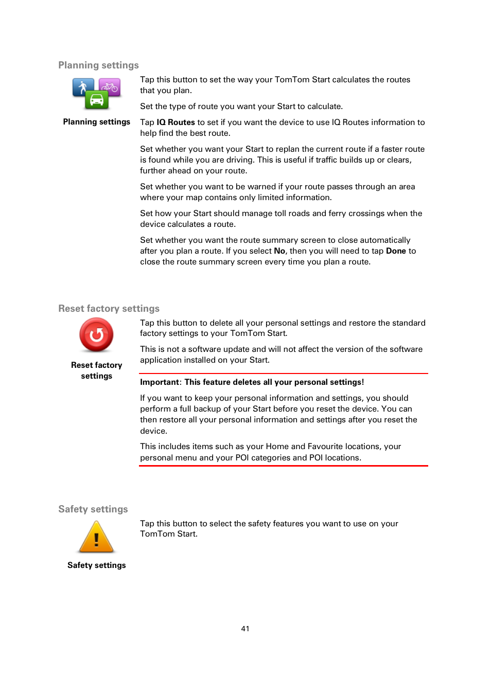 Planning settings, Reset factory settings, Safety settings | TomTom 4EN42 User Manual | Page 41 / 77