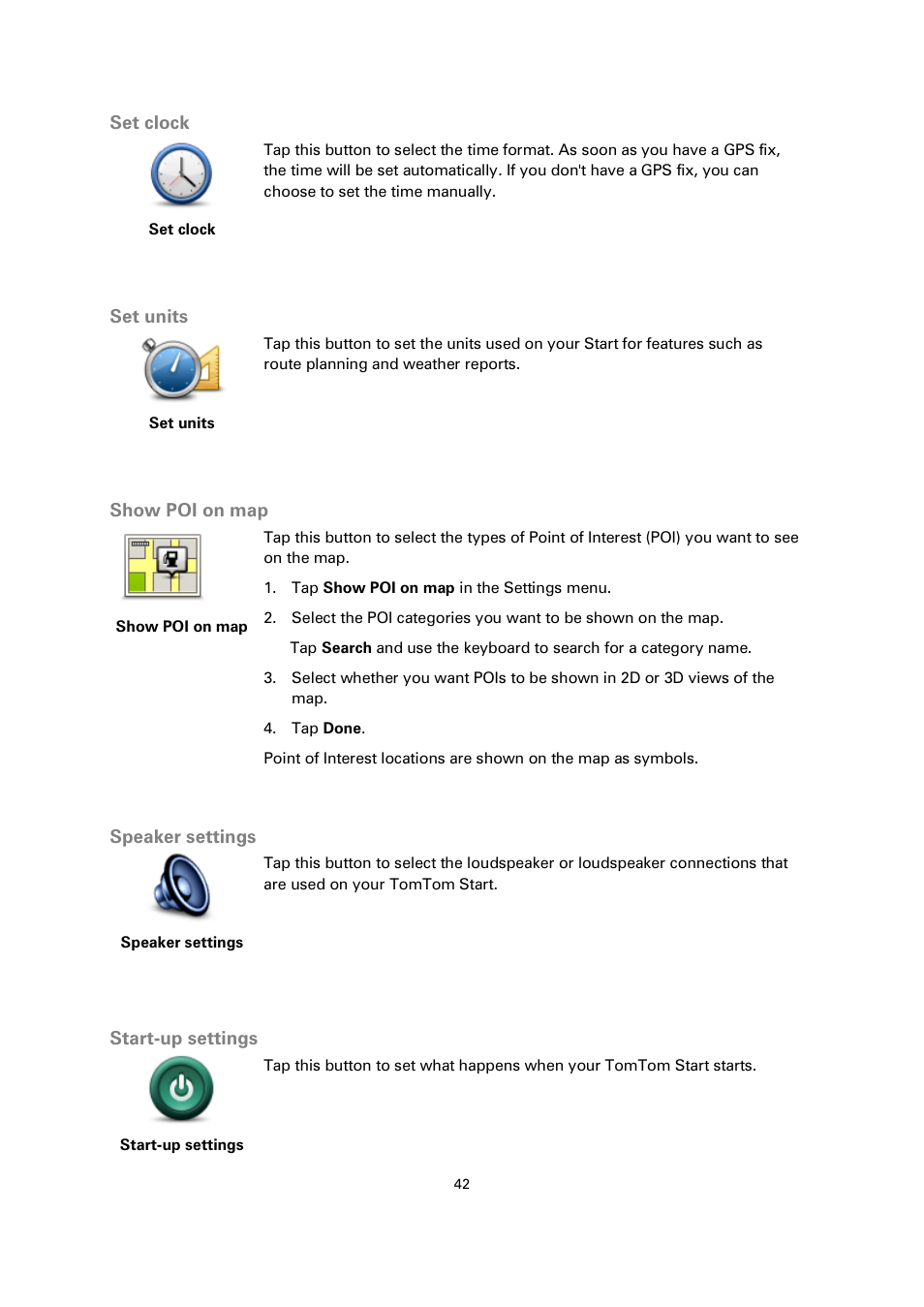 Set clock, Set units, Show poi on map | Speaker settings, Start-up settings | TomTom 4EN42 User Manual | Page 42 / 77