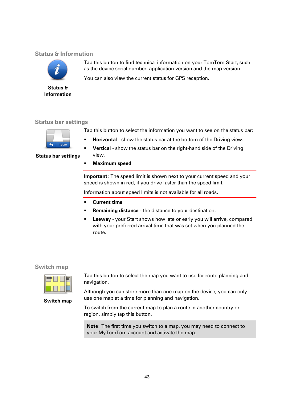 Status & information, Status bar settings, Switch map | TomTom 4EN42 User Manual | Page 43 / 77