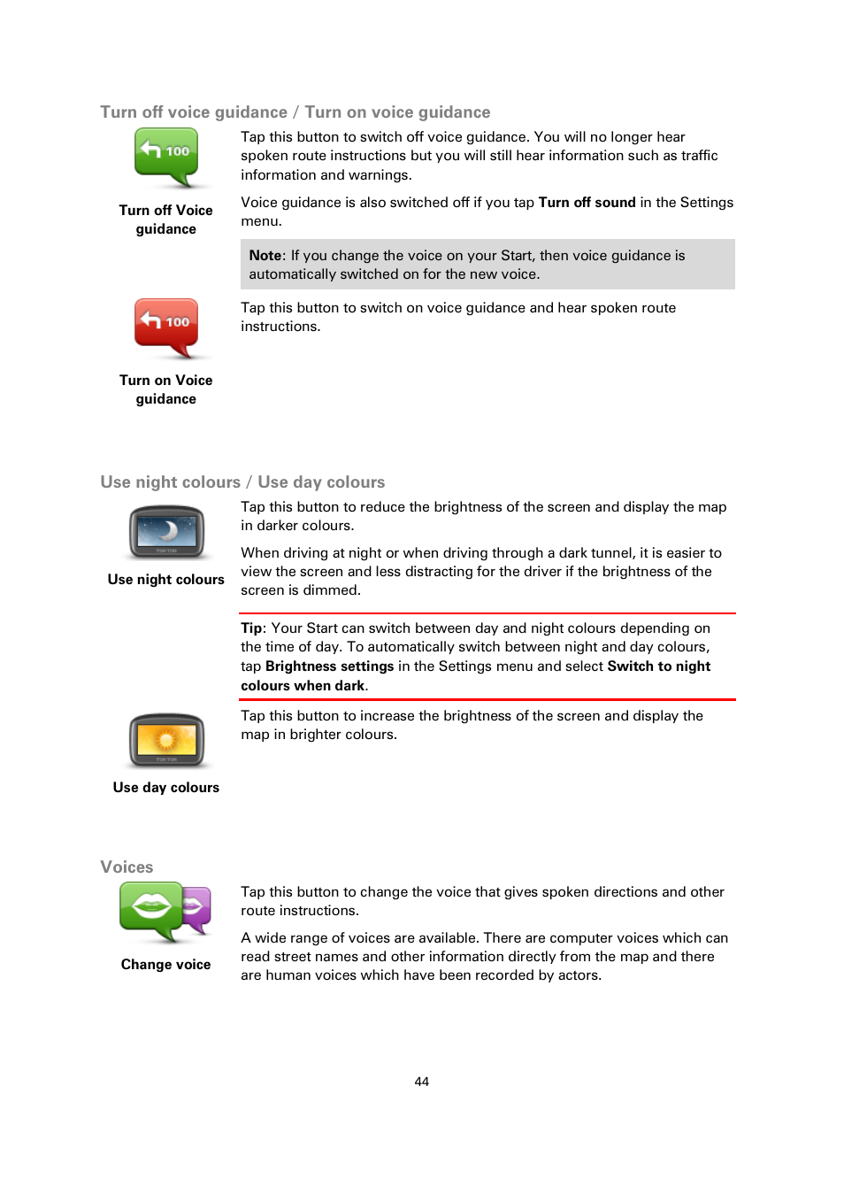 Turn off voice guidance / turn on voice guidance, Use night colours / use day colours, Voices | TomTom 4EN42 User Manual | Page 44 / 77