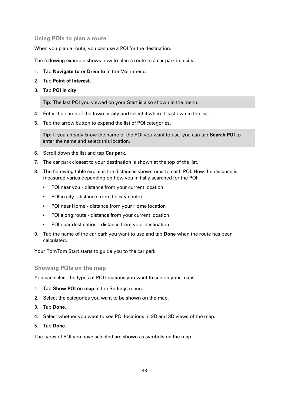 Using pois to plan a route, Showing pois on the map | TomTom 4EN42 User Manual | Page 48 / 77