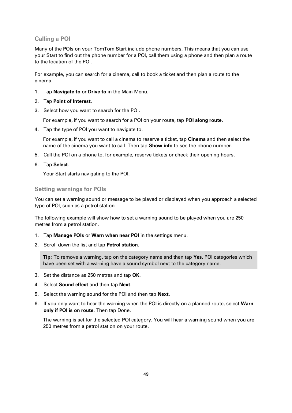 Calling a poi, Setting warnings for pois | TomTom 4EN42 User Manual | Page 49 / 77