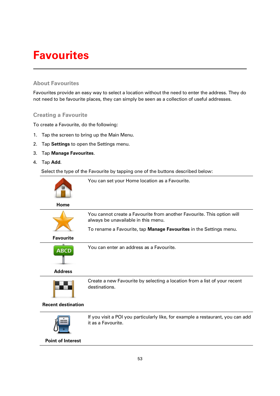 Favourites, About favourites, Creating a favourite | TomTom 4EN42 User Manual | Page 53 / 77