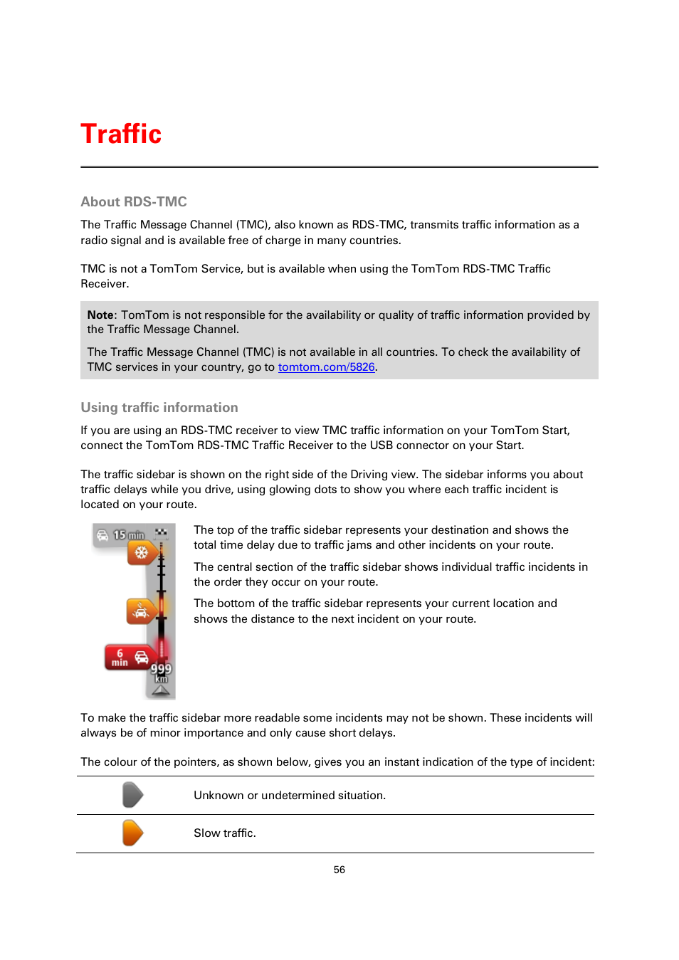 Traffic, About rds-tmc, Using traffic information | TomTom 4EN42 User Manual | Page 56 / 77