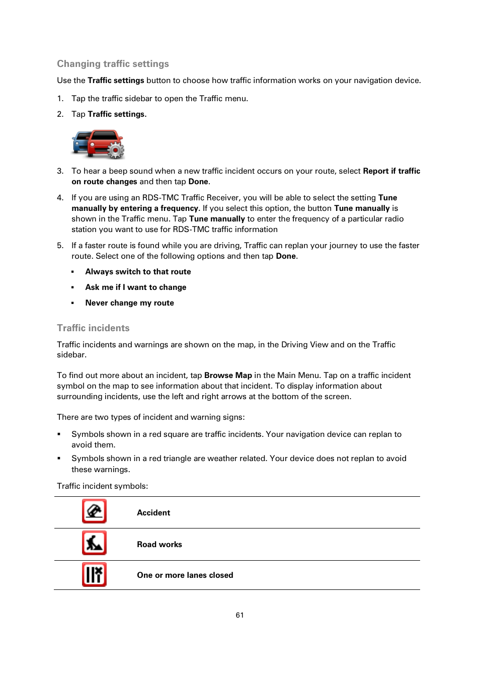 Changing traffic settings, Traffic incidents | TomTom 4EN42 User Manual | Page 61 / 77