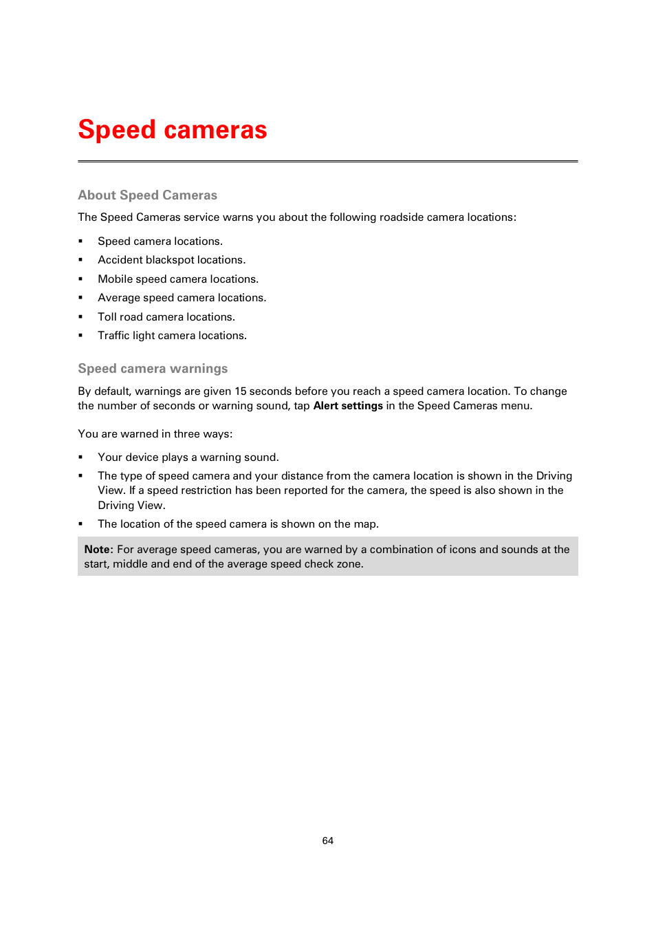 Speed cameras, About speed cameras, Speed camera warnings | TomTom 4EN42 User Manual | Page 64 / 77