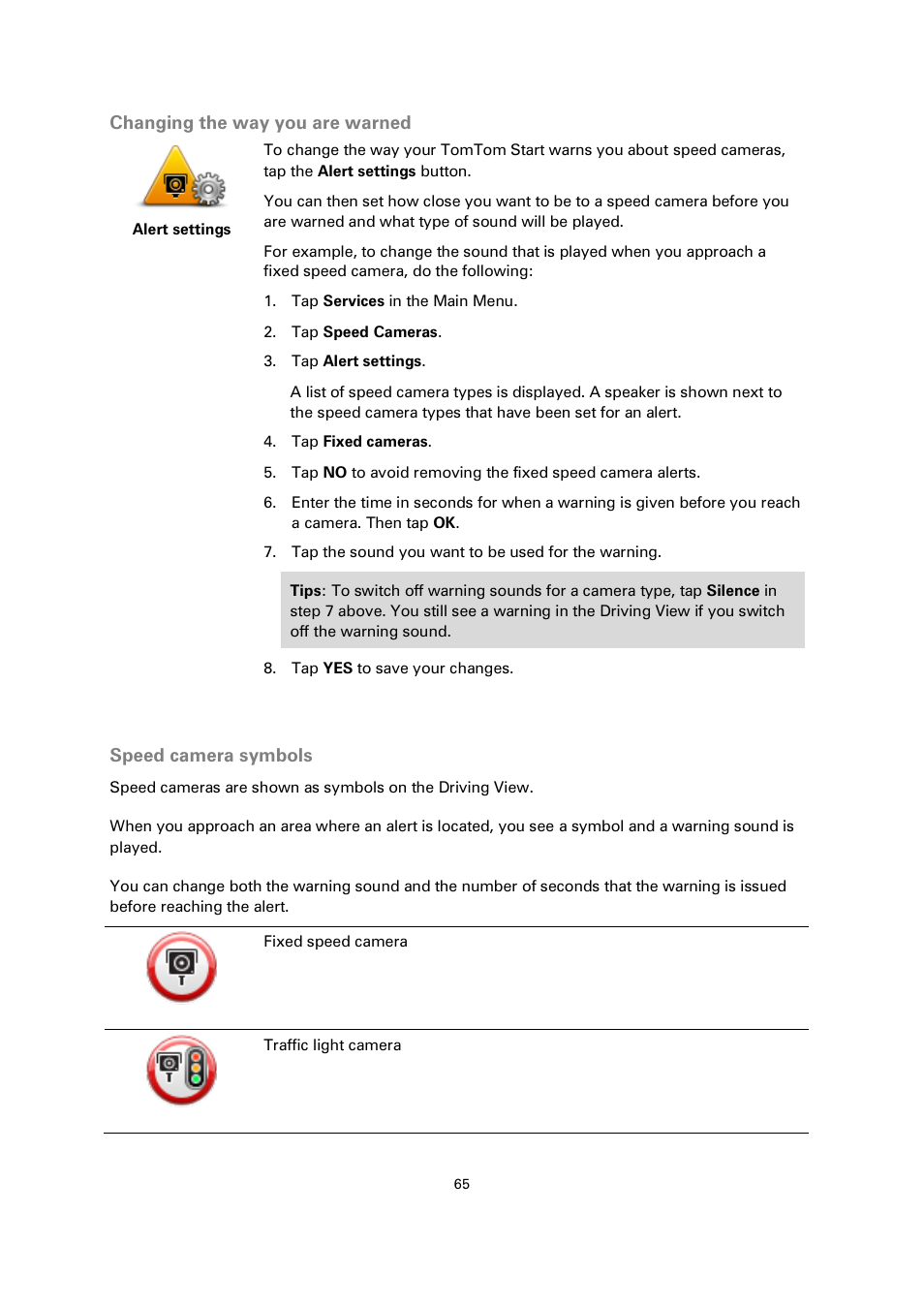 Changing the way you are warned, Speed camera symbols | TomTom 4EN42 User Manual | Page 65 / 77