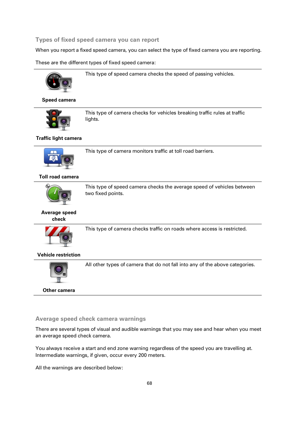 Types of fixed speed camera you can report, Average speed check camera warnings | TomTom 4EN42 User Manual | Page 68 / 77