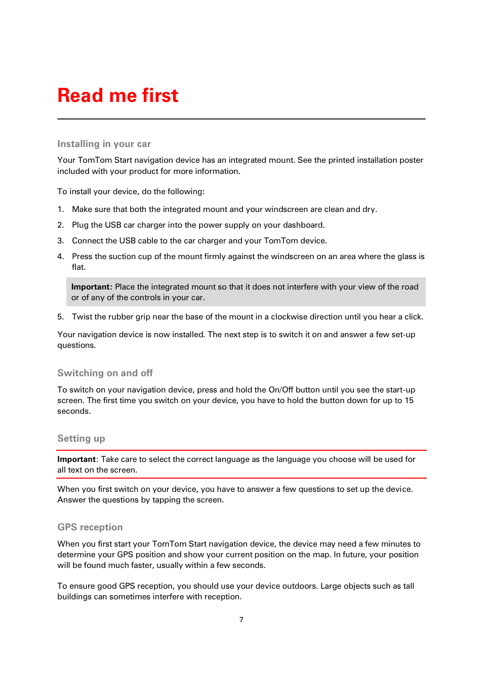 Read me first, Installing in your car, Switching on and off | Setting up, Gps reception | TomTom 4EN42 User Manual | Page 7 / 77