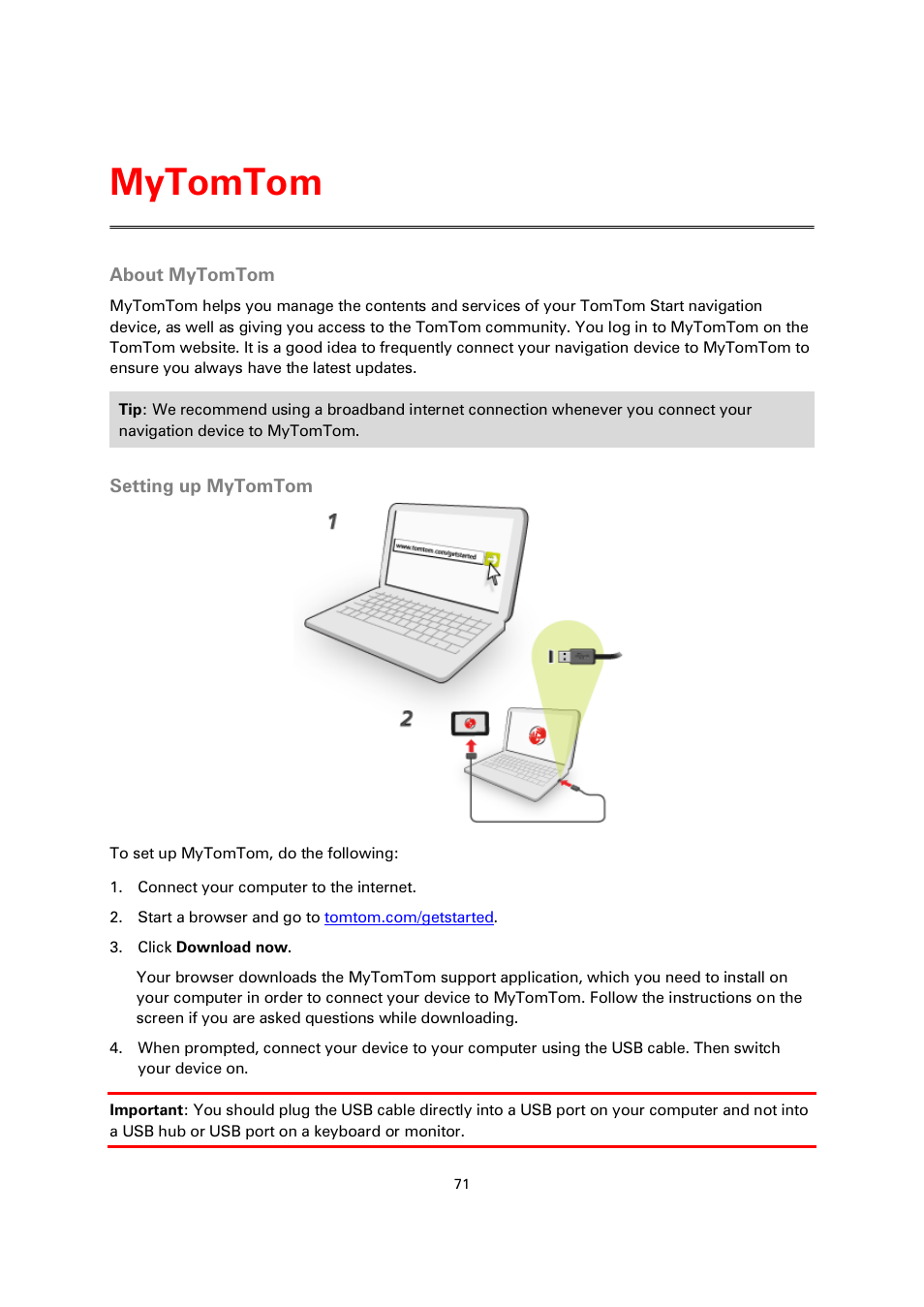 Mytomtom, About mytomtom, Setting up mytomtom | TomTom 4EN42 User Manual | Page 71 / 77