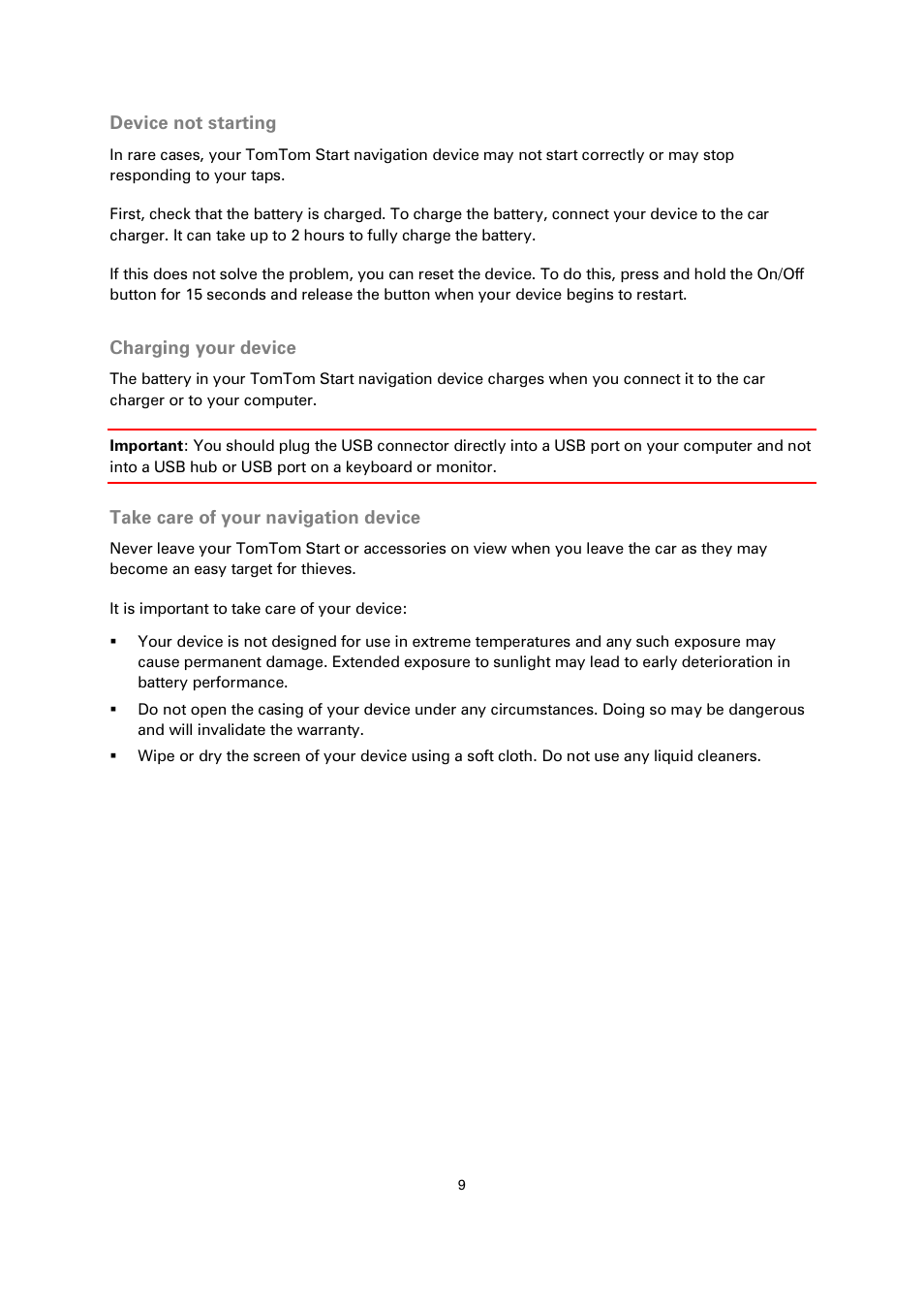 Device not starting, Charging your device, Take care of your navigation device | TomTom 4EN42 User Manual | Page 9 / 77