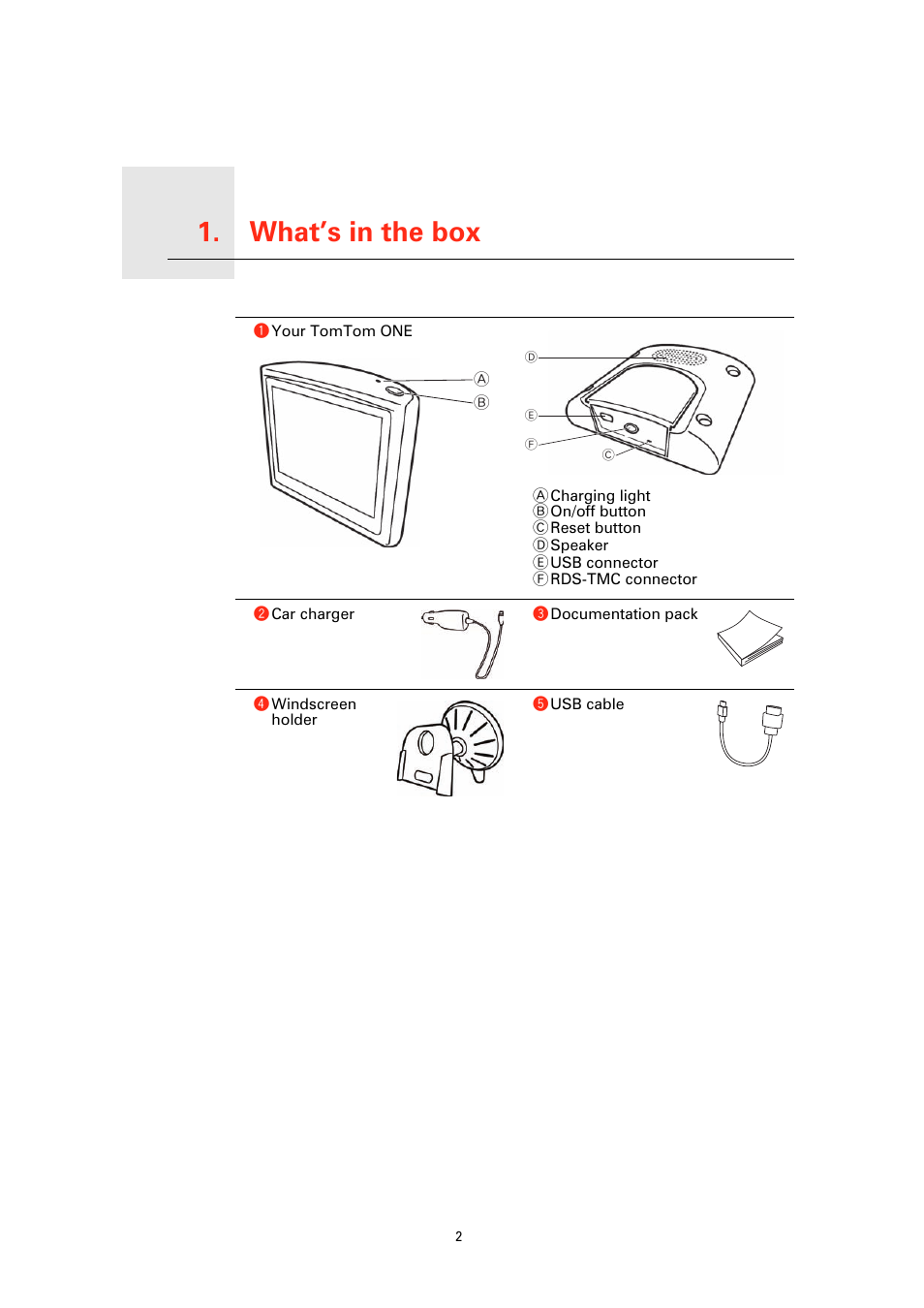 What’s in the box, What’s in the box 1 | TomTom ONE User Manual | Page 2 / 53