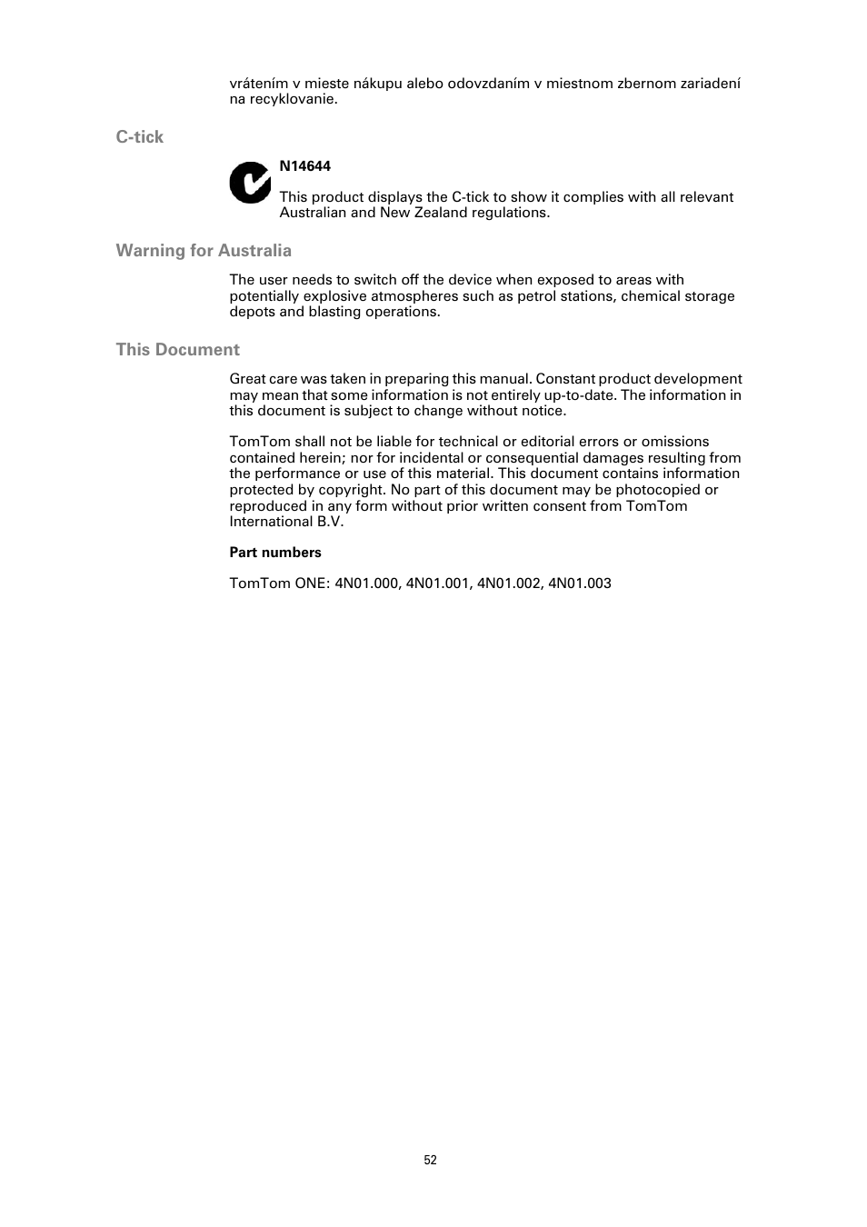 C-tick, Warning for australia, This document | Part numbers | TomTom ONE User Manual | Page 52 / 53