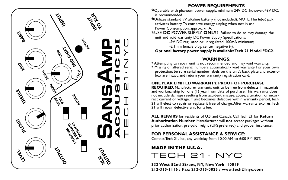 Tech 21 SansAmp Acoustic DI User Manual | 6 pages