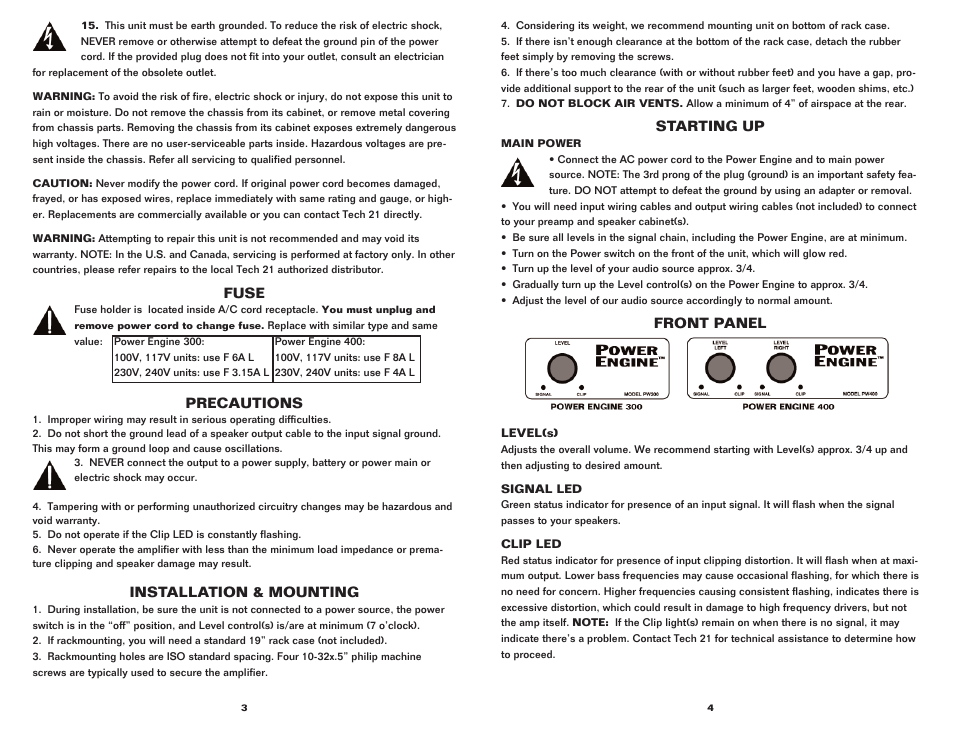 Fuse, Precautions, Installation & mounting | Starting up, Front panel | Tech 21 POWER ENGINE 300 User Manual | Page 3 / 4