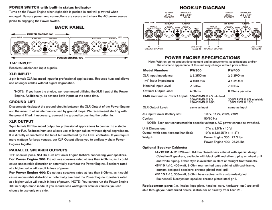 Back panel, Power engine specifications | Tech 21 POWER ENGINE 300 User Manual | Page 4 / 4